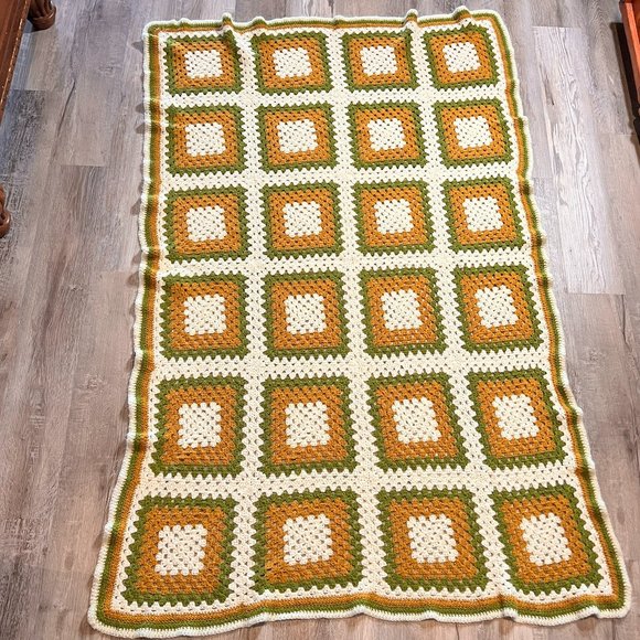 Vintage Homemade Crocheted Afghan Throw Granny Square Brown White Cottagecore